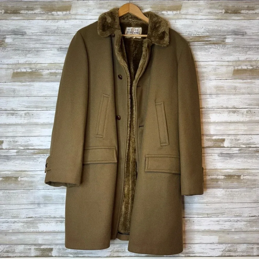 Vintage Zero King Men’s Fur Lined Wool Coat Brown size 42L